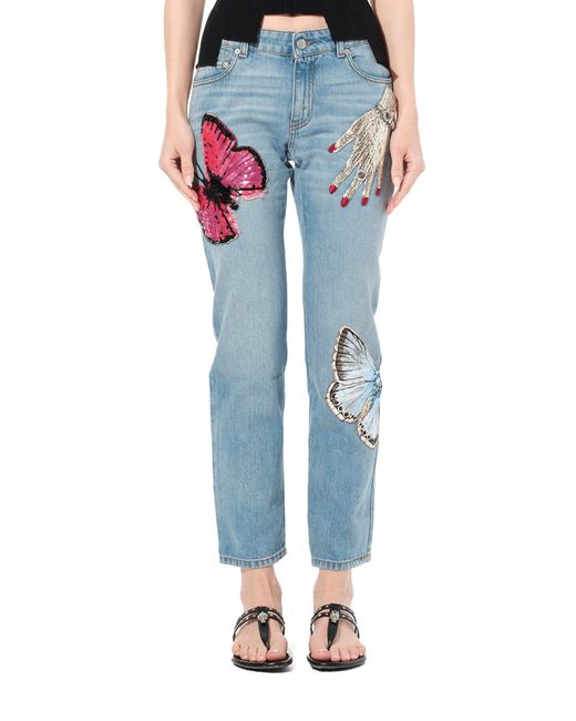 McQueen Blue Denim Pants With Print