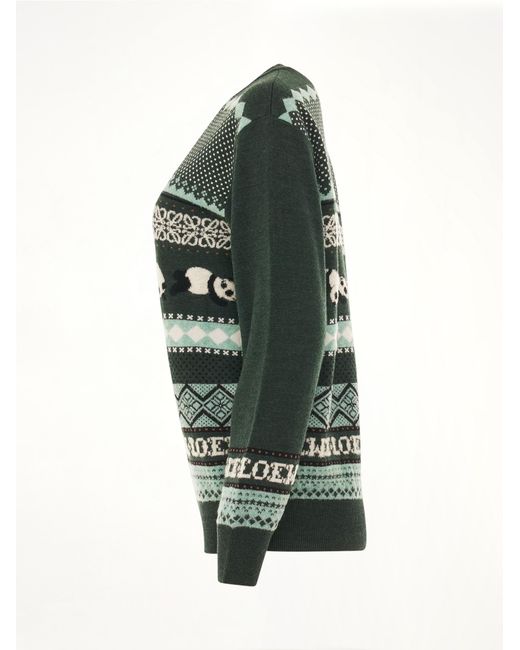 Loewe Green Suna Fujita Panda Knit Sweater, Round Neck, 100% Wool, Size: Small