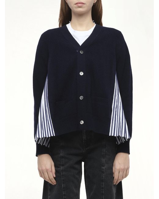 Sacai Blue X Wool Knit X Cotton Poplin Cardigan, 100% Wool