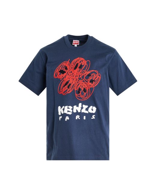 KENZO Blue 'Drawn Varsity Classic T-Shirt, Short Sleeves, Midnight, 100% Cotton, Size: Small for men
