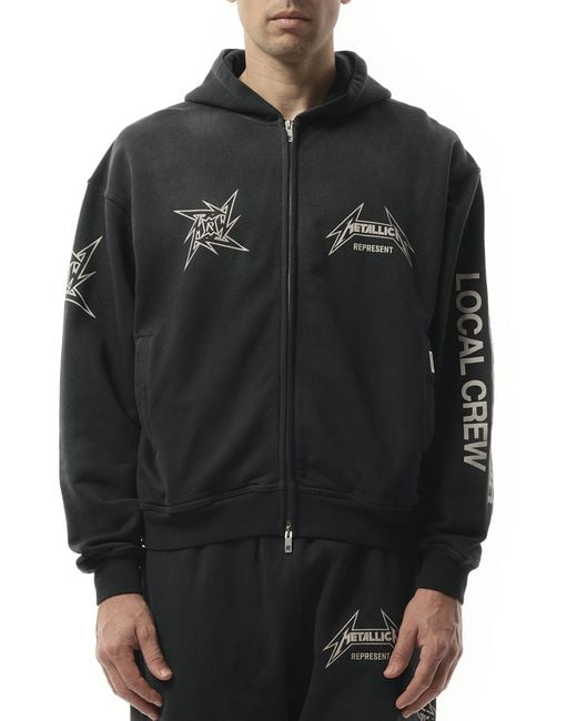 Represent Black Metallica 40 Year Anniversary Zip-Up Hoodie, Long Sleeves, 100% Cotton, Size: Medium for men