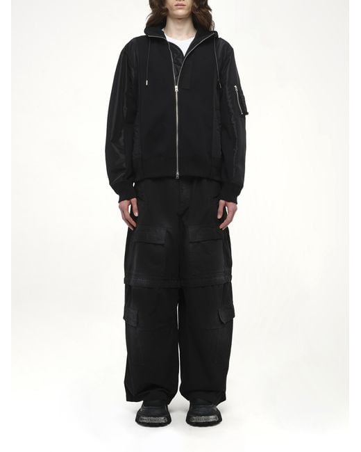 Sacai Black Sponge Sweat Nylon Twill Hoodie, 100% Cotton for men