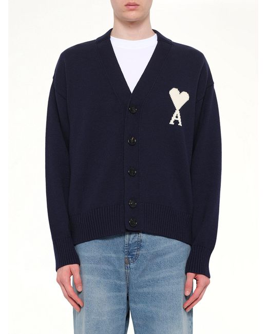AMI Blue Contrasted Adc Cardigan for men