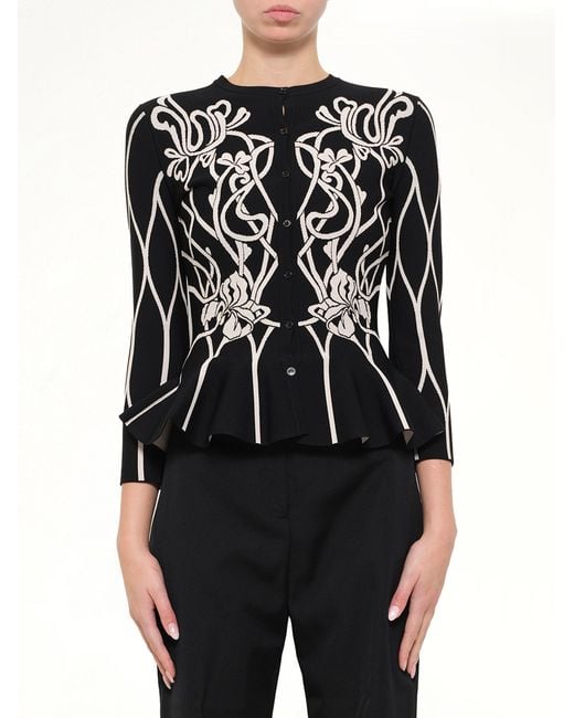 McQueen Black Embroidered Ruffle Cardigan