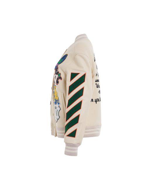 Off-White c/o Virgil Abloh White Off- Wool Embroidered Slogan Patch Varsity Jacket, Long Sleeves, 100% Polyester