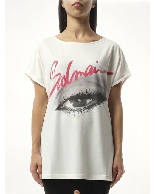 Balmain Gray Boatneck Eye Print Top