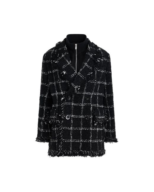 Sacai Black Layered Tweed Jacket, Long Sleeves, , 100% Cotton