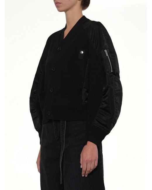 Sacai Black Nylon Twill X Knit Cardigan