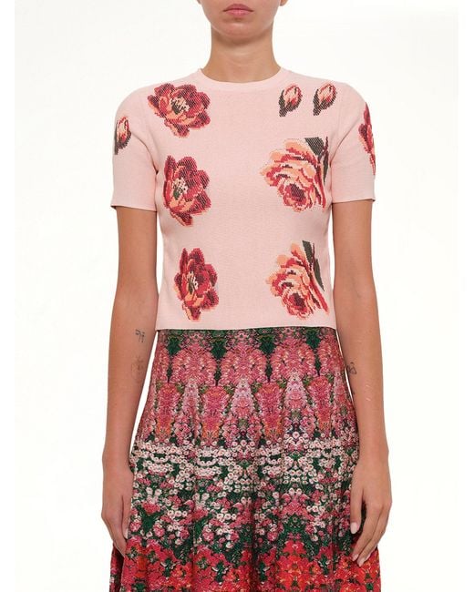 McQueen Red Tapesty Rose Jacquard Top