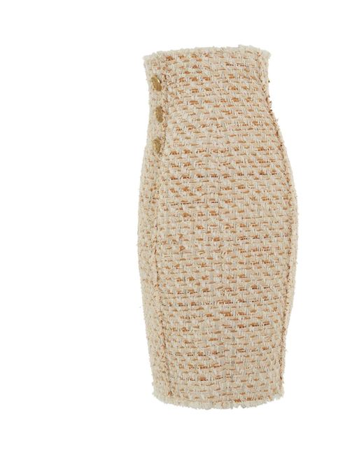 Balmain Natural High Waisted 6 Button Tweed Short Skirt, 100% Cotton