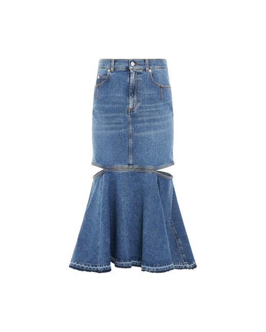 Alexander McQueen Blue Slashed Midi Denim Skirt, Wash, 100% Cotton