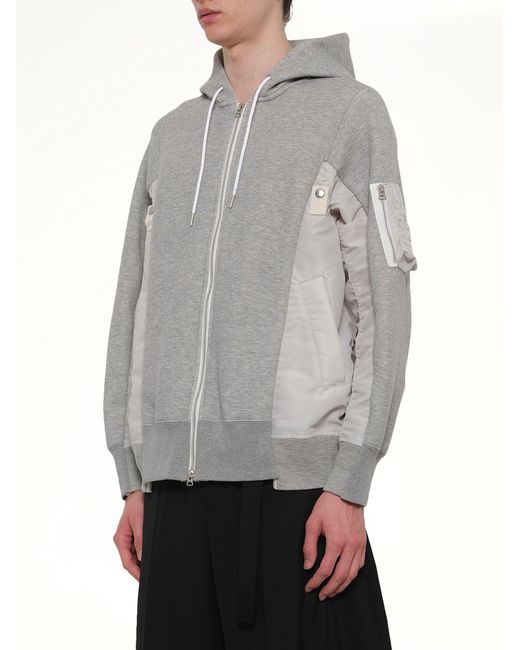 Sacai Gray Sponge Sweat X Nylon Twill Hoodie for men