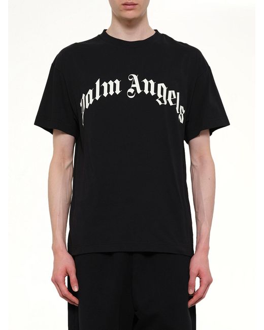 Palm Angels Black Curved Logo Regular T-Shirt for men