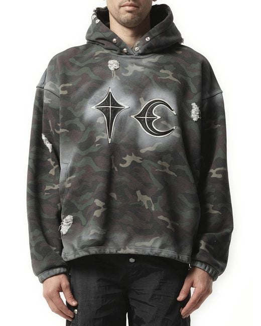 THUG CLUB Gray Sprayed Camoflage Rock Hoodie, 100% Leather for men