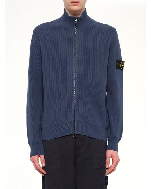 Stone Island Blue 5100126 Ribbed Cotton Zip-Up Cardigan for men