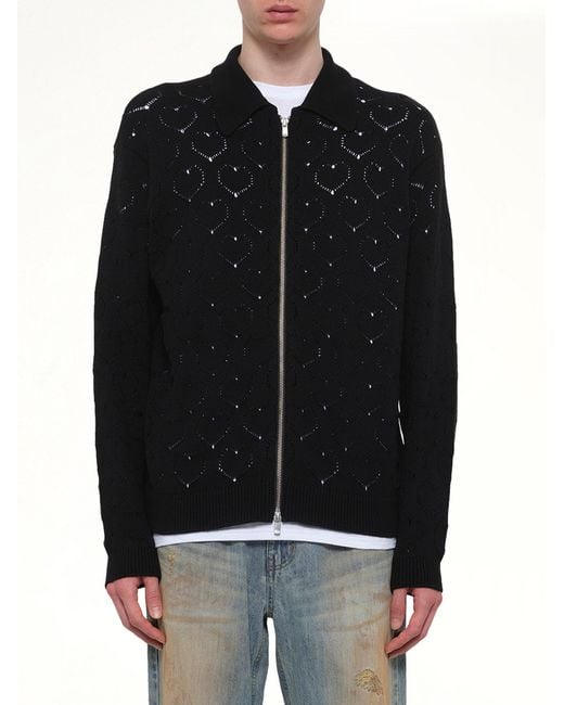 vowels Black Eyelet Knitted Zip Up for men