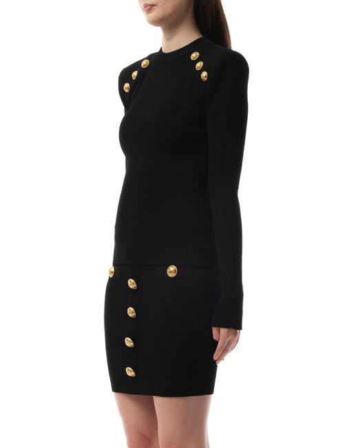 Balmain Black Button-Trimmed Sweater, Round Neck, Long Sleeves, 100% Polyester