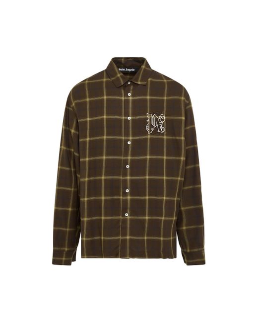 Palm Angels Green Monogram Check Shirt, Long Sleeves, , 100% Polyester for men