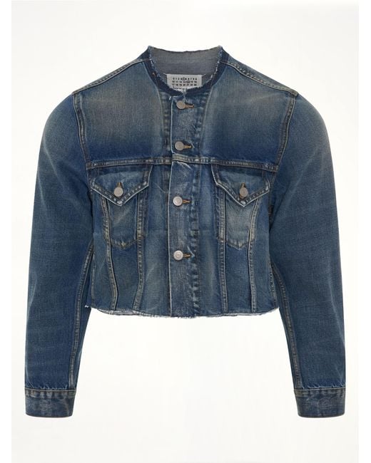 Maison Margiela Blue Cropped Collarless Denim Jacket for men