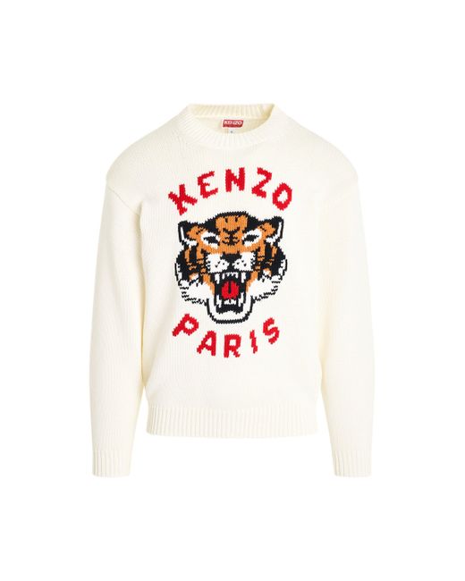 KENZO White Lucky Tiger Knit Sweater, Round Neck, Long Sleeves, Off, 100% Cotton for men