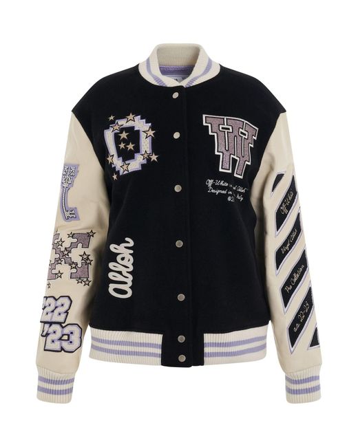 Off-White c/o Virgil Abloh Black Embroidered Patch Logo Varsity Jacket, Long Sleeves, 100% Polyester