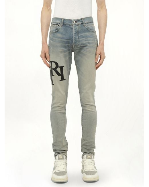 Amiri Blue Staggered Logo Skinny Jeans, 100% Cotton for men