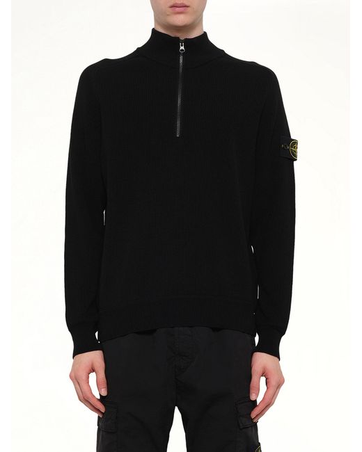 Stone Island Black 5100124 Ribbed Cotton Half-Zip Sweater for men