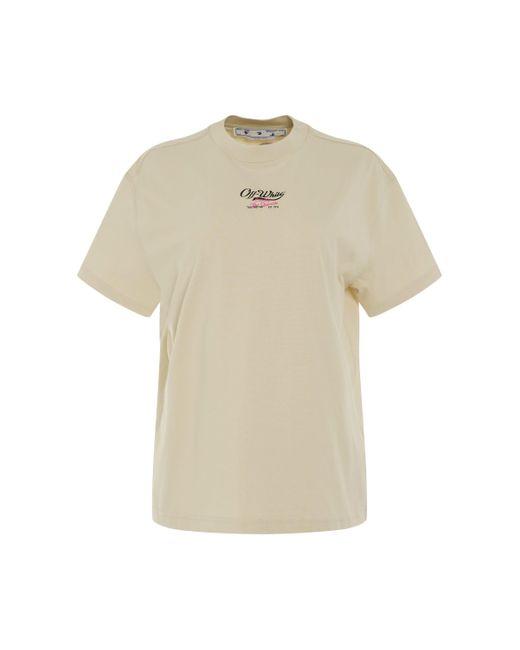 Off-White c/o Virgil Abloh Natural Off- 'Embroidered Surf & Script Casual T-Shirt, Round Neck, Short Sleeves, /, 100% Cotton, Size: Small
