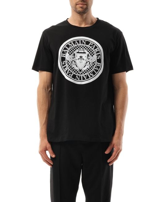 Balmain Black Coin Flock Reg Fit T-Shirt, Round Neck, Short Sleeves, 100% Cotton, Size: Medium for men