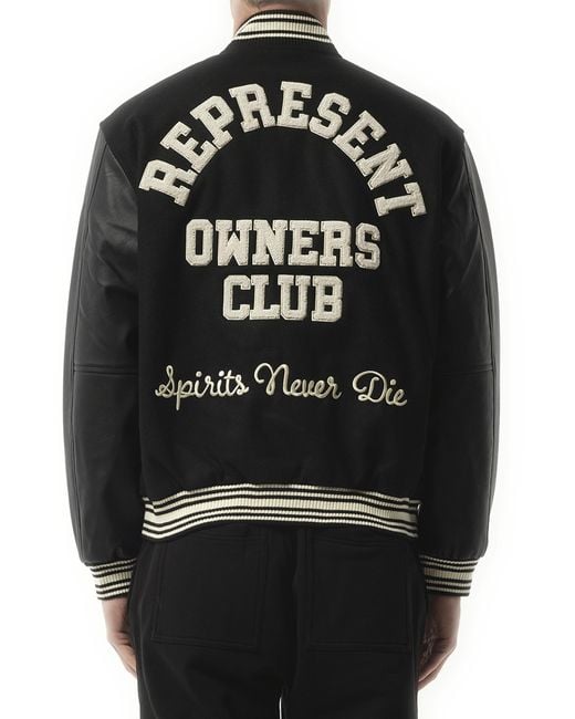 Represent Black Owners Club Varsity Bomber Jacket, 100% Leather, Size: Large for men