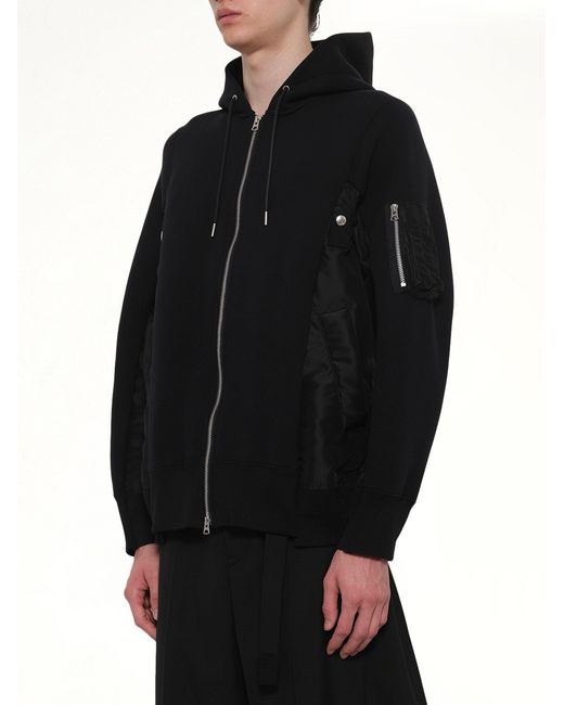 Sacai Black Sponge Sweat X Nylon Twill Zip Hoodie for men