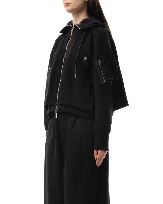 Sacai Black X Sponge Sweat X Nylon Twill Zip Hoodie, Long Sleeves, 100% Cotton