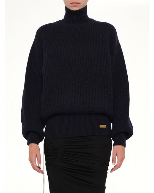 Balmain Blue Batwing Ribbed Knit Pullover
