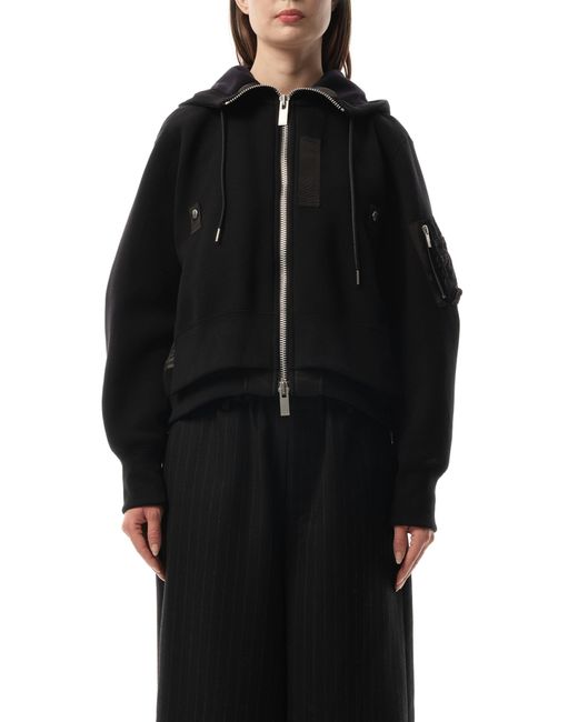 Sacai Black X Sponge Sweat X Nylon Twill Zip Hoodie, Long Sleeves, 100% Cotton