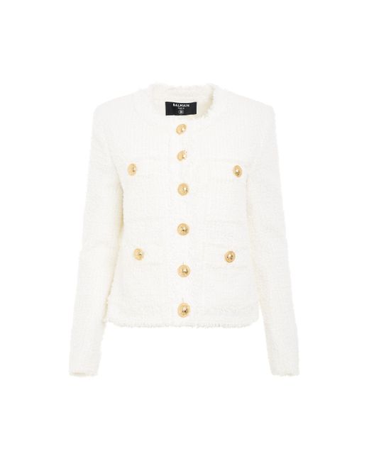 Balmain White Collarless 4 Pockets Tweed Jacket, Long Sleeves, , 100% Cotton