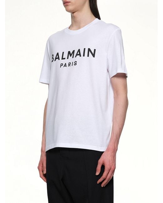 Balmain White Logo Printed Straight Fit T-Shirt for men