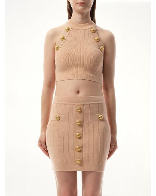 Balmain Natural 6 Button Halterneck Knit Cropped Top, 100% Polyester