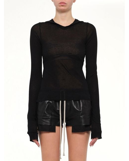 Rick Owens Black Cropped Hooded Rib Ls T-Shirt