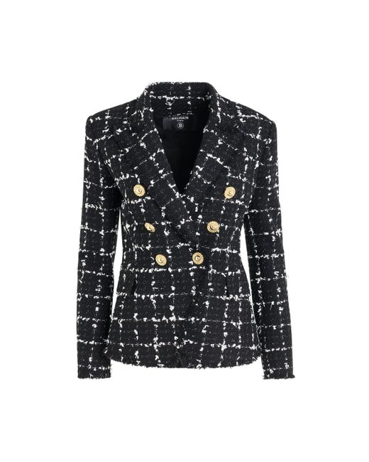 Balmain Black 6 Button Double Breasted Tweed Jacket, Long Sleeves, //, 100% Cotton