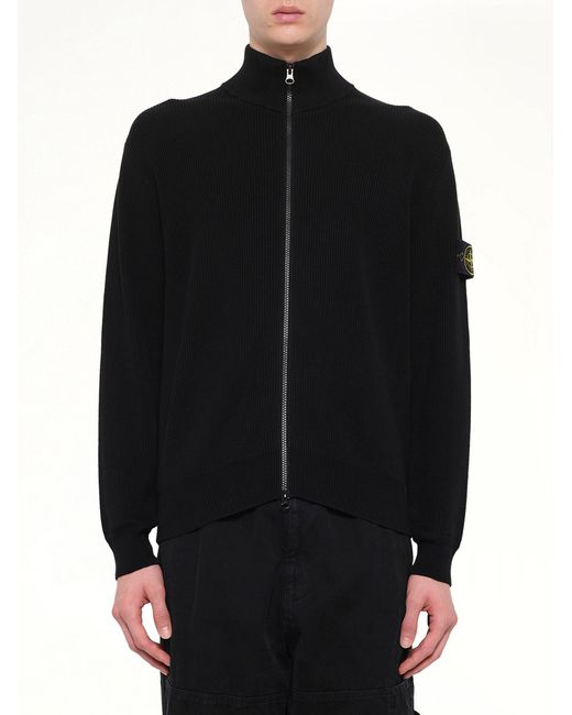 Stone Island Black 5100126 Ribbed Cotton Zip-Up Cardigan for men