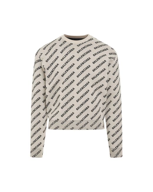 Balenciaga White All Over Logo Crewneck Sweater, Chalky/, 100% Cotton