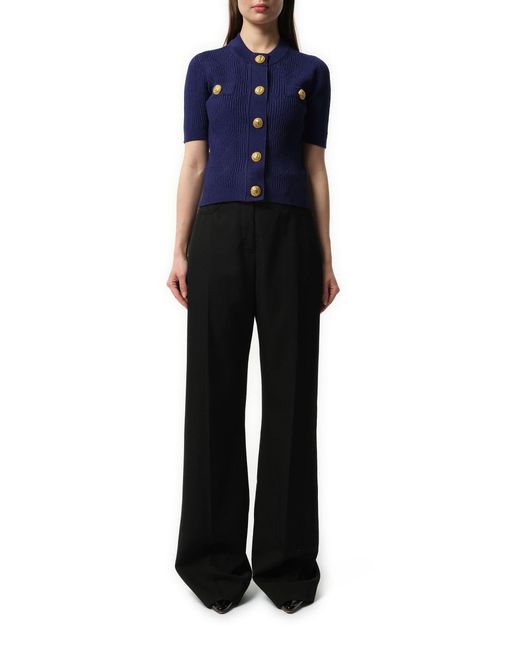 Balmain Blue Buttoned 2 Pockets Vichy Knit Cardigan, Short Sleeves, 100% Polyester