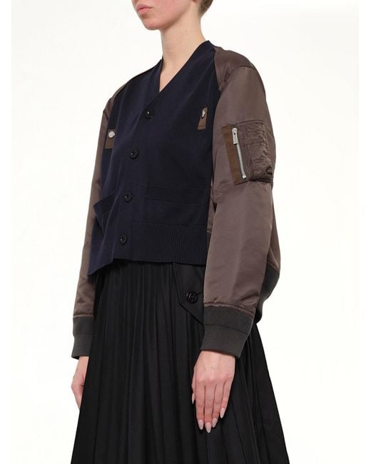 Sacai Black Nylon Twill X Cotton Knit Cardigan