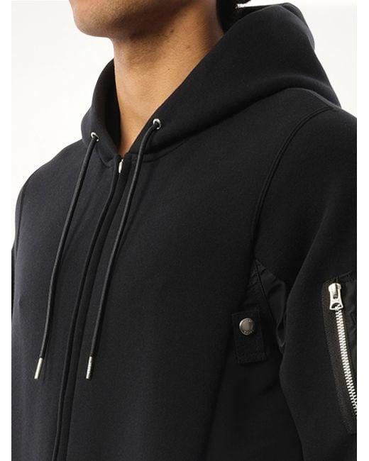 Sacai Black Sponge Sweat Nylon Twill Zip Hoodie for men