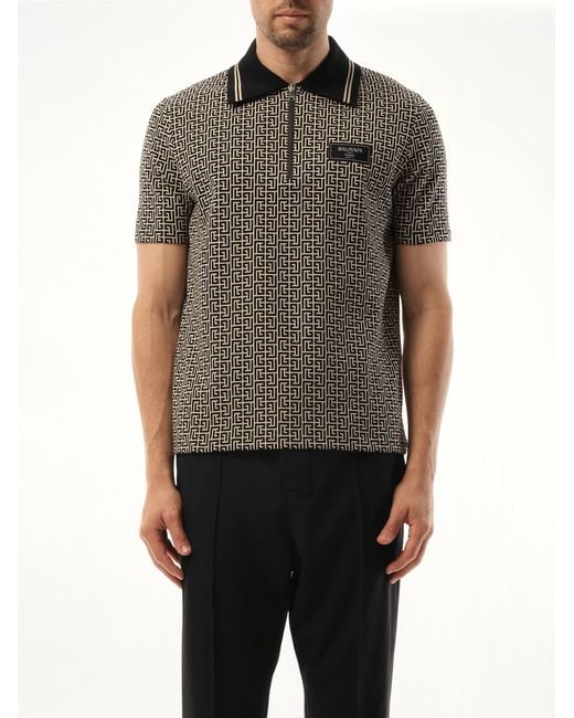 Balmain Gray Monogram Couture Label Zipped Polo for men