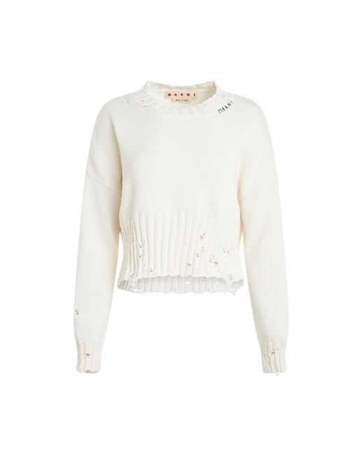 Marni White Distressed Cropped Sweater, Long Sleeves, , 100% Cotton