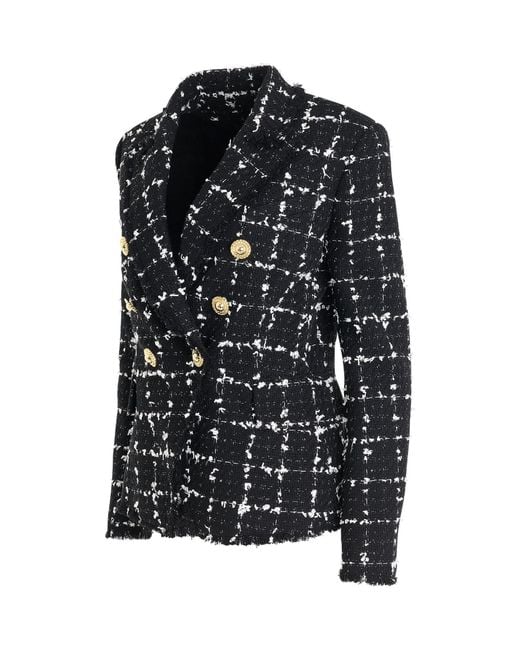 Balmain Women's Black Button Double Breasted Tweed Jacket, Long