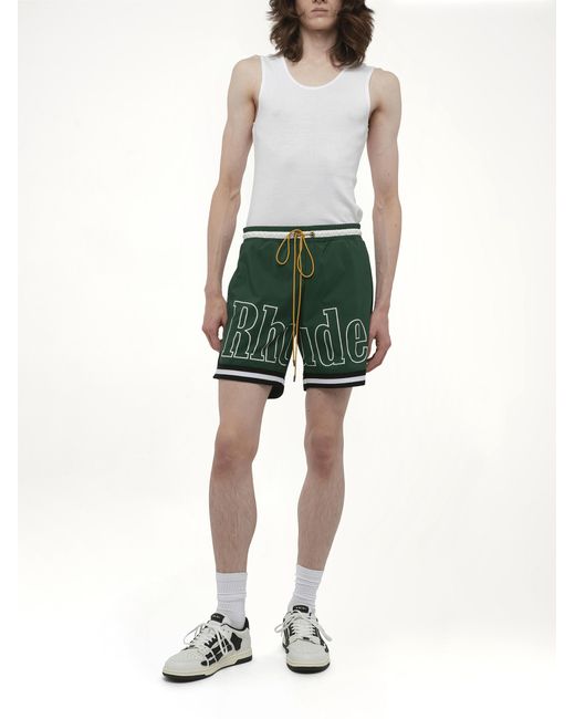 Rhude Green Logo Basketball Swim Shorts, 100% Polyester, Size: Large for men