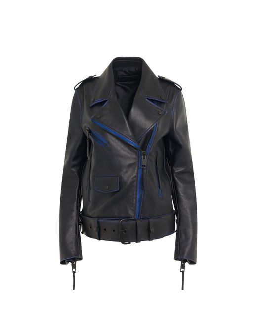 Off-White c/o Virgil Abloh Blue Off- Vintage Oversize Leather Biker Jacket, Long Sleeves, , 100% Cotton