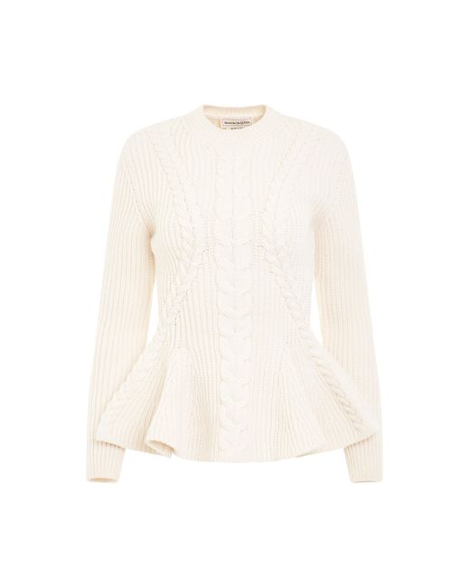 Alexander McQueen White 'Cable Peplum Knit Sweater, Long Sleeves, , 100% Cashmere, Size: Small